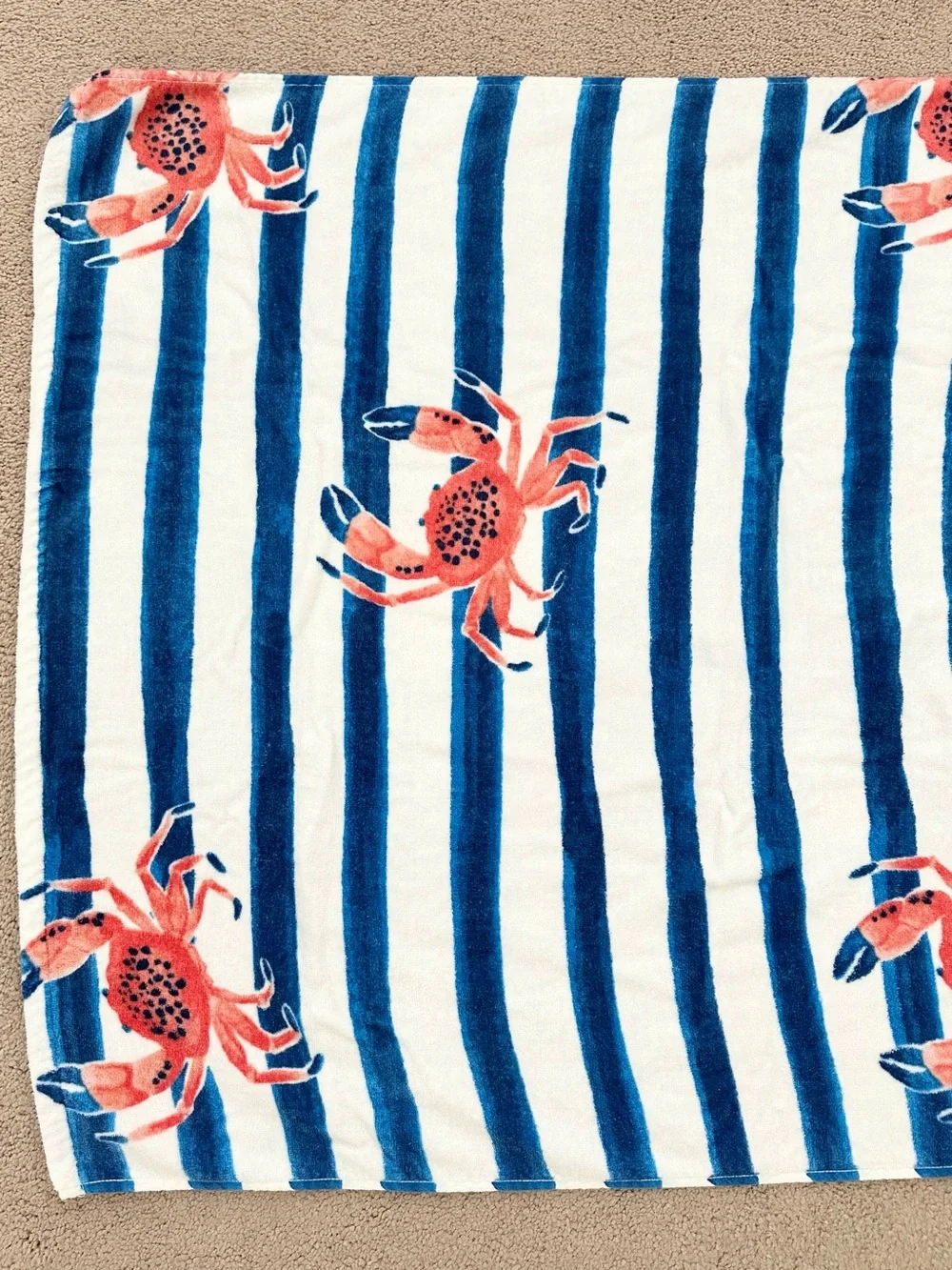 Sun Squad Blue & White Striped Beach Towel with Red Crab Print- Coastal/Nautical
